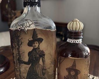 Antique bottles decorated Spooky Halloween witches 6”-10”