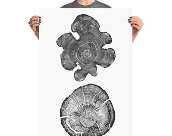 Two Tree Stumps, Tree Rings, ink blot log rings, Black white, tree poster, tree art, log stamp, log print, Tree print, gifts