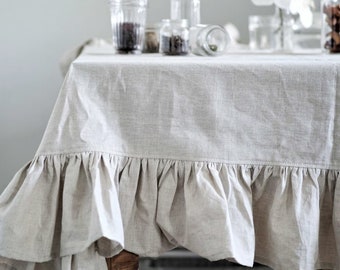 Ruffled tablecloth,Round tablecloth, Linen tablecloth, Small tablecloth, Ruffle tablecloth, Gray tablecloth,90 inch round tablecloth