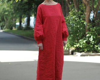 Linen kaftan dress, Linen maxi dress, Linen red dress, Linen dress long sleeve, Loose linen dress, Linen dress plus size, Linen puff sleeve