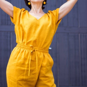 Linen Womens Jumpsuit,Yellow Linen Romper,Loose Jumpsuit Pockets,Belted Womens Suit Set,Loose Organic Overalls,Linen Short Sleeve Jumpsuit image 2