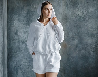 Linen Womens Hoodie,White Linen Oversized Hoodie,Linen Women Hoodie and Shorts,Linen Womens Sweatshirt,Loose Womens Hoodie Shirt with Shorts