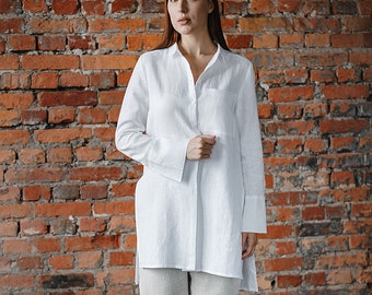 Linen shirt long sleeve,Loose linen shirt, Oversized linen shirt, Natural white linen shirt, Linen shirt collar,Long linen shirt