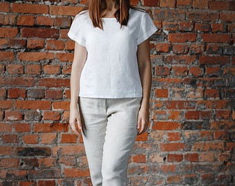 Linen matching set, Women linen set, Linen blouse short sleeve, Organic linen pants, White linen top, Linen clothing plus size