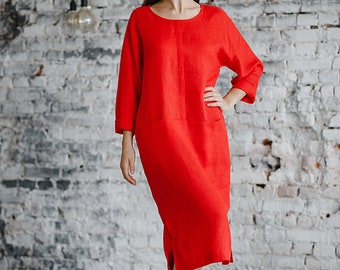 Leinen Midi Kleid, rotes Leinen Damen Kleid, Leinen Plus Size Kleid, Leinen Bio Kleid, Halbarm Leinen Kleid, Lockeres Leinen Kleid mit Taschen