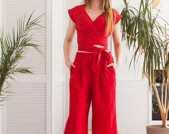 Red linen blouse, Red linen pants, Linen wide pants, Linen two piece set, Linen wrap tops for women, Linen pants elastic waist, Summer suit