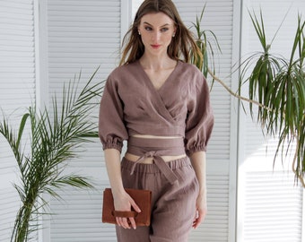 Linen two piece set, Two piece set women pants, Shirt and pants set, Two piece set women summer, Crop top and pants set, Linen suit women