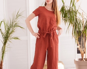 Linen jumpsuit women,Flax jumpsuit,Linen romper women,Wrap linen jumpsuit,Loose linen overalls,Romper with belt,Button jumpsuit