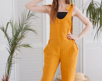 Linen jumpsuit women, Summer jumper, Yellow overalls, Plus size jumpsuit, Womens overalls, Loose jumpsuit, Sleeveless romper