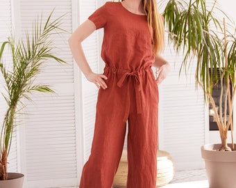 Short sleeve jumpsuit, Wide leg jumpsuit, Linen overalls women, Summer jumpsuit, Belted jumpsuit, Cropped jumpsuit, Linen jumpsuit women