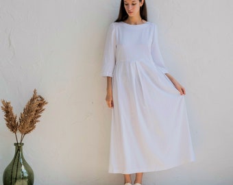White linen dress with sleeves, Linen maxi dress with pockets, Pleated dress women, High waisted dress, Linen long dress, Summer dresses