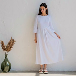 White linen dress with sleeves, Linen maxi dress with pockets, Pleated dress women, High waisted dress, Linen long dress, Summer dresses