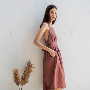 Linen apron dress with pockets, Linen pinafore dress, Cottagecore linen dress, Linen overall dress, Cross back dress, Japanese linen dress