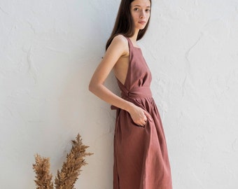 chinese dress ladies Cross-Back Linen Dress - Elegant Maxi Gown for Summer