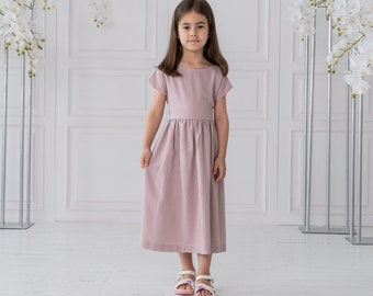 Pink girl dress, Apron dress girls, Linen flower girl dress, Linen dress for toddlers, Dress with belt, Short sleeve dress, Linen Sundress