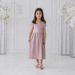 Pink girl dress, Apron dress girls, Linen flower girl dress, Linen dress for toddlers, Dress with belt, Short sleeve dress, Linen Sundress image 1