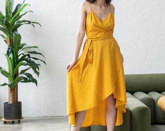 Yellow linen dress, Wrap linen dress, Long summer dresses for women, Linen sleeveless dress, Linen midi dress, Romantic dress,Linen clothing