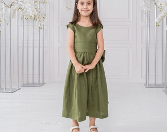 Green linen dress, School dress kid, Dress with big bow in the back, Open back dress beach, Linen apron dress, Linen flower girl dress