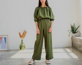 Green two piece set, Crop top and pant set, Linen top and pants set, Summer two piece set, Linen clothing set for women,Summer outfits women