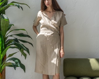 Linen kimono dress, Linen wrap dress midi, Dress with pockets, Wedding guest dress summer, Beach dress, Dress with belt, High waisted dress