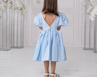 Flower girl dress boho toddler, Ruffle linen dress, Blue linen dress, School dress kid, Casual linen dress, Circle dress, Short sleeve dress