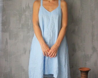 Linen Midi Pinafore Dress,Blue Womens Dress,Organic Oversized Dress,Loose Dress,Cross Back Dress,Sleeveless Dress Straps,Plus Size Dress