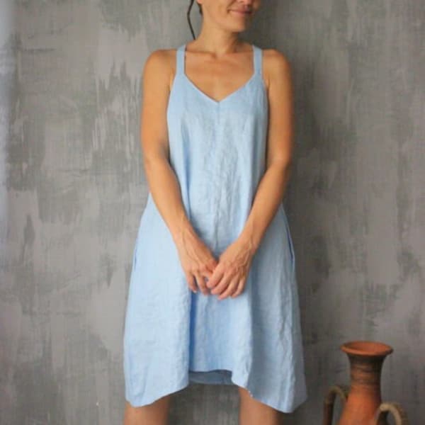 Cross back dress, Apron dress linen, Sleeveless dress womens, Oversized linen dress, Linen pinafore dress, Blue linen dress, Organic dress