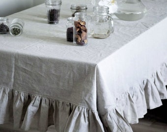 Linen tablecloth rectangle, Ruffle linen table cloth, Farmhouse tablecloth linen, Washed linen tablecloth, Natural linen tablecloth