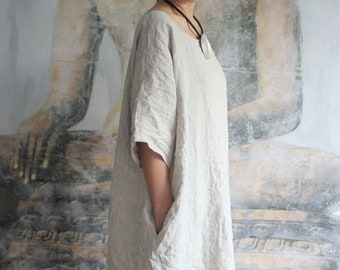 Linen maxi dress with sleeves, Linen loose dress, Linen oversized dress, White linen dress women, Linen tunic dress,Linen dress with pockets