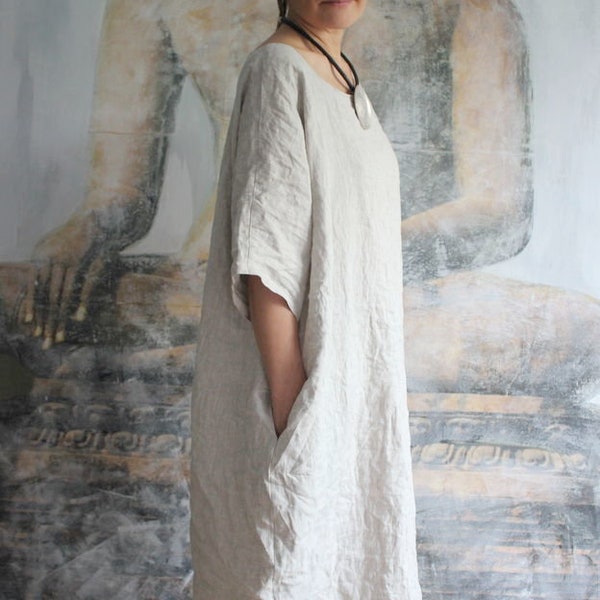 Linen oversized dress, Linen tunic dress, Linen oversized tunic, Linen dress with pockets, Linen kaftan dress, Loose linen dress