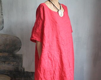Oversized dress,Long red dress,Linen dresses,Red linen dress,Maxi dress,Coral linen dress,Loose linen dress,Linen summer dress