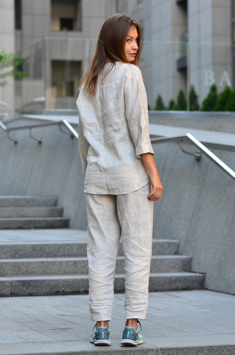 Linen Jumpsuit,White Linen Womens Jumpsuit,Linen Loose Jumpsuit,Linen Long Sleeve Jumpsuit,Linen Womens Romper,Linen Loose Womens Overalls zdjęcie 6