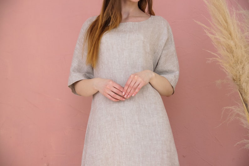 Linen dress with pockets, Linen tunic dress, Natural linen dress, Oversized linen dress, Loose fit linen dress, Summer tunic women image 3