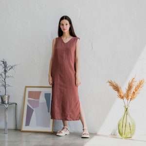 Linen maxi dress with pockets, Linen long dress, Linen dress with belt, Linen summer dresses for women, Obi belt dress, Linen tank dress image 2