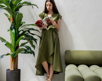 Green linen dresses for women, Linen wrap dress maxi, Linen long dress, Linen dress with belt, Summer dress women boho, Linen beach dress