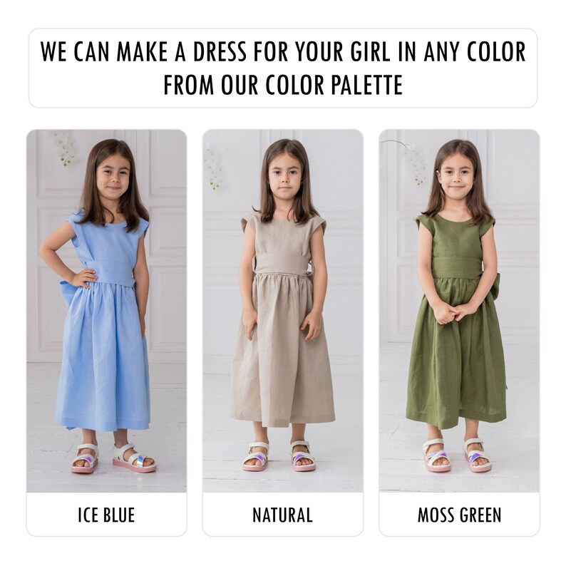 Schulkleid für Mädchen, Blaues Leinenkleid, Kleid mit großer Schleife im Rücken, Kleid mit offenem Rücken, Leinenschürzenkleid, Leinenkleid, Kleinkindkleid Bild 4