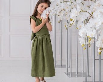 Linen pinafore dress, School dress kid, Linen apron for kids, Green linen dress, Open back dress, Summer dress girls, Dress with bow