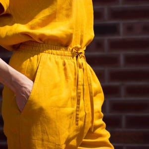 Linen Womens Jumpsuit,Yellow Linen Romper,Loose Jumpsuit Pockets,Belted Womens Suit Set,Loose Organic Overalls,Linen Short Sleeve Jumpsuit image 9