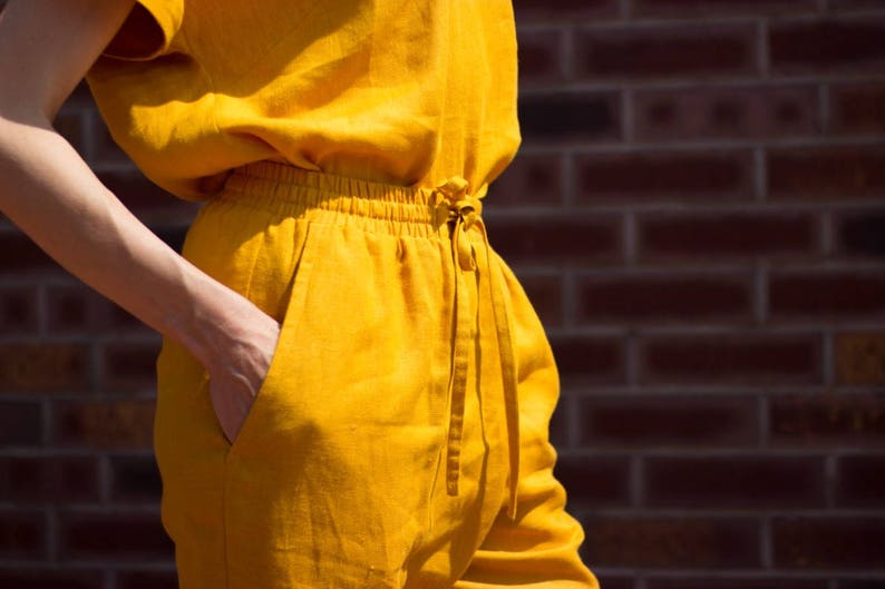 Linen Womens Jumpsuit,Yellow Linen Romper,Loose Jumpsuit Pockets,Belted Womens Suit Set,Loose Organic Overalls,Linen Short Sleeve Jumpsuit image 9