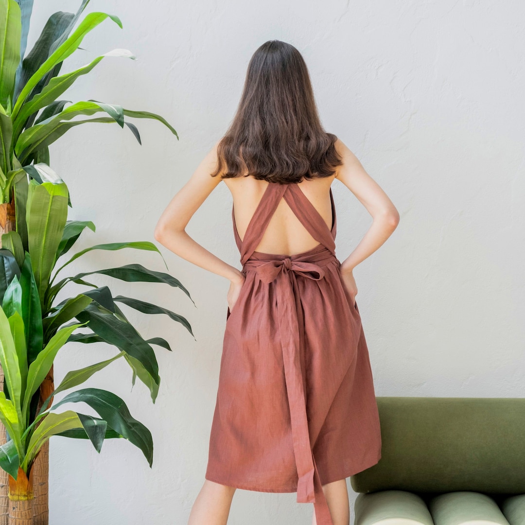 Cross Back Apron Dress, Linen Apron Dress, Pinafore Dress With Pockets