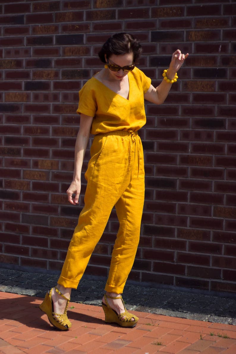 Mustard yellow linen pants and topLinen jumpsuitWomens linen Etsy