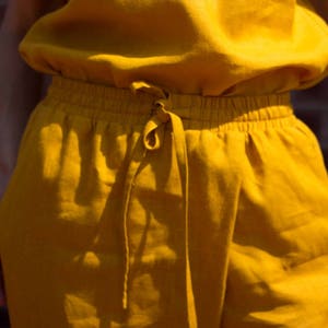 Linen Womens Jumpsuit,Yellow Linen Romper,Loose Jumpsuit Pockets,Belted Womens Suit Set,Loose Organic Overalls,Linen Short Sleeve Jumpsuit image 8