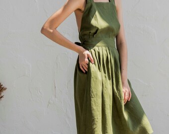 Linen pinafore dress with pockets, Linen sundress plus size, Medieval linen dress short summer, Linen overall dress, Linen dress sleeveless