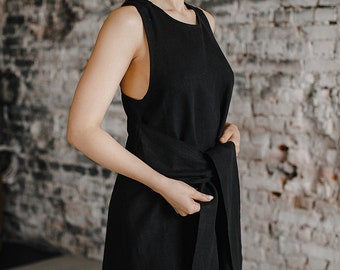 Linen Maxi dress with Straps,Cross Back linen dress,Black linen Womens dress,Loose Organic dress,Belted dress Pockets,Linen Sleeveless dress