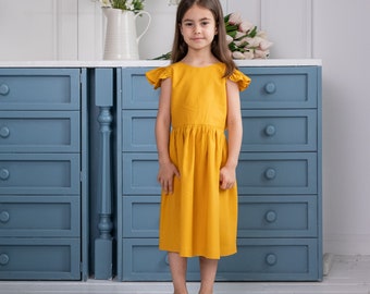 Yellow linen dress, Dress with big bow in the back, Apron dress girls, Pinafore dress girls, Toddler dress birthday, Linen sundress