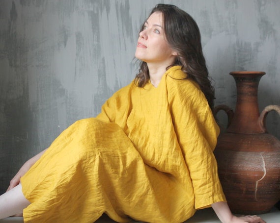 yellow linen shift dress