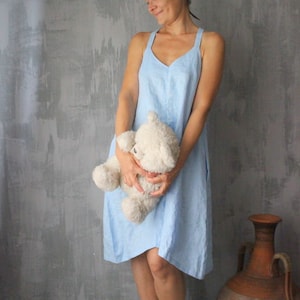 Linen night dress, Blue night dress, Linen night gown women, Linen sleepwear, Organic sleepwear for women, Linen slip dress