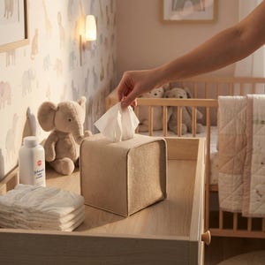 Puede incluir: Un dispensador de pañuelos cuadrado beige con pañuelos blancos. El dispensador está sobre una mesa cambiador de madera, junto a un elefante de peluche, polvos de talco para bebés y pañales. Una cuna y papel pintado estampado en el fondo.