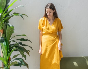 Yellow wrap dress, Linen wrap dress midi, Summer linean dresses for women, Dress with pockets, Linen short sleeve dress, Kimono dress women