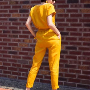 Linen Womens Jumpsuit,Yellow Linen Romper,Loose Jumpsuit Pockets,Belted Womens Suit Set,Loose Organic Overalls,Linen Short Sleeve Jumpsuit image 7